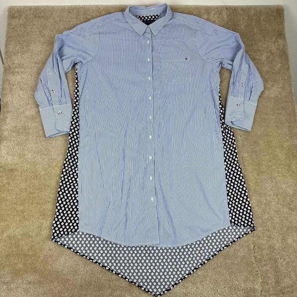 Tommy Hilfiger Button Shirt Dress 3x Plus High Low Contrast Striped Long Sleeve